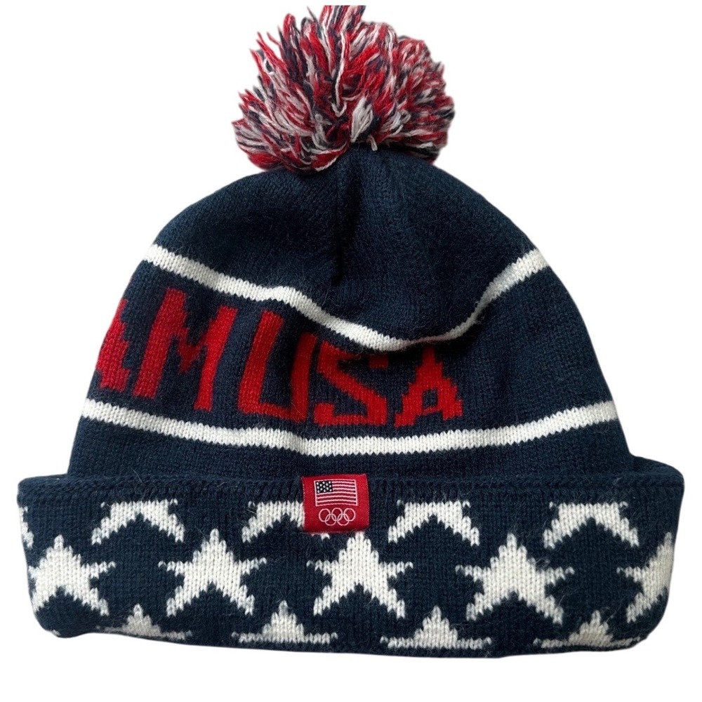 Team USA Olympic Knit Pom Beanie Hat Navy Red White One Size Winter USA